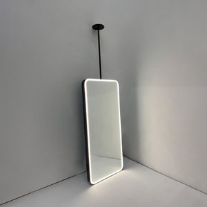 Ceiling Suspended Quadris Illuminated Rectangular Mirror with Minimalist Bronze Patina Frame