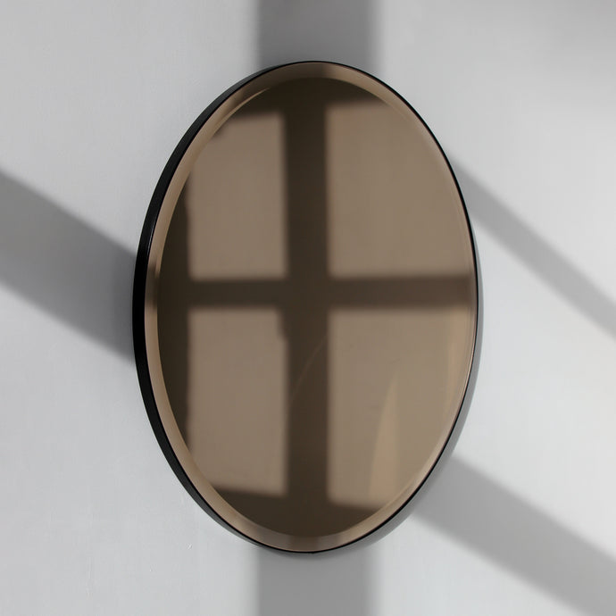 Orbis™ Bevelled Bronze Tinted Decorative Round Mirror with a Black Metal Frame