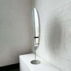 Countertop attached oval mirror with a modern stainless steel frame