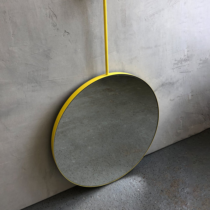 Orbis™ Ceiling Hanging Suspended Round Mirror with a Modern Yellow Frame