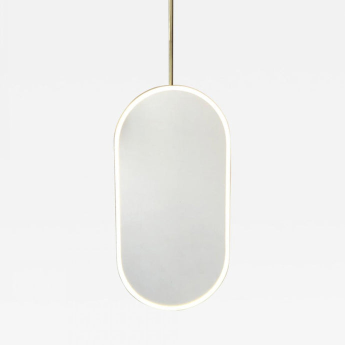 In Stock Capsula™ Ceiling Suspended Contemporary Mirror with a Brass Frame and Front Illumination