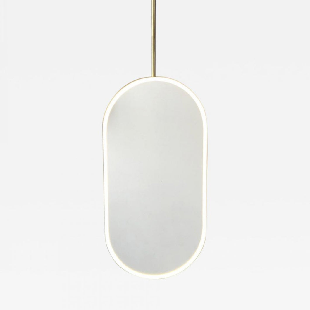 Capsula™ Ceiling Suspended Contemporary Mirror with a Brass Frame and Front Illumination