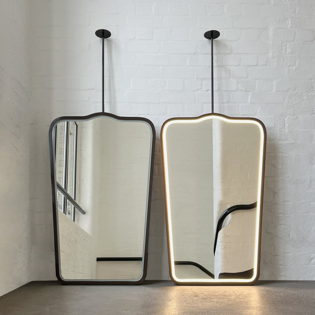 Set of two Gio Ponti inspired Ceiling Suspended Illuminated Mirror with Bronze Patina Frame 