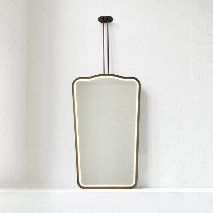 NEW Ceiling Suspended Illuminated Mirror with Bronze Patina Frame and Twin Arms - Vintage N.4