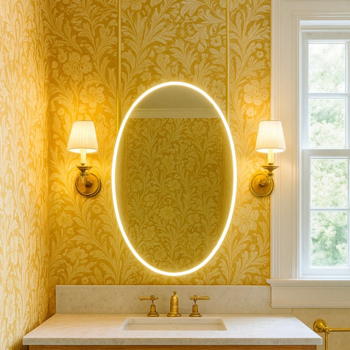 Ovalis™ Ceiling Suspended Oval Mirror with Front Illumination, Brass Frame