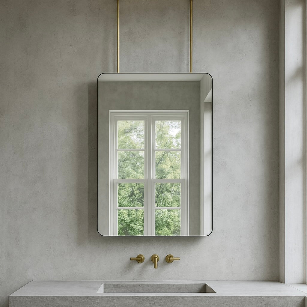 Quadris™ Modern Ceiling Hanging Suspended Rectangular Mirror with Brushed Brass Frame