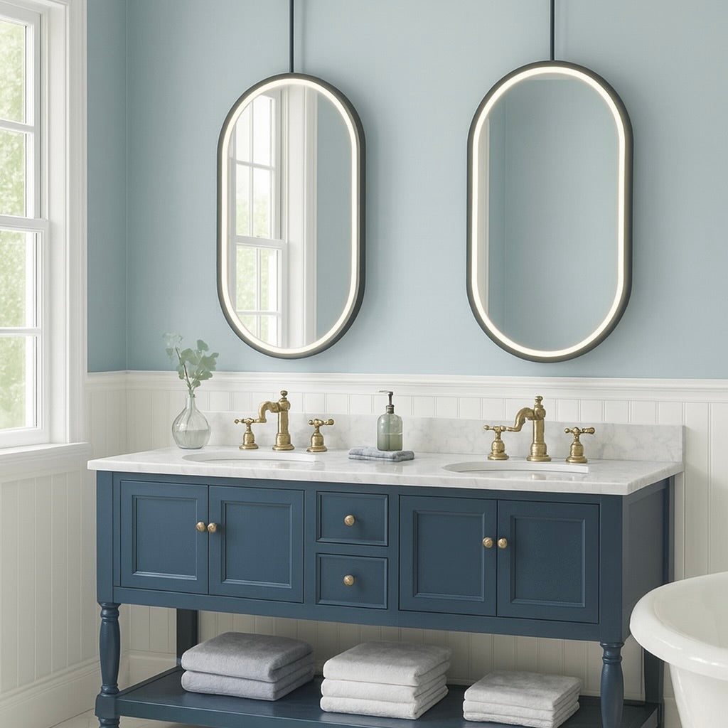 Capsula™ Ceiling Suspended Illuminated Mirror with Contemporary Black Full Frame