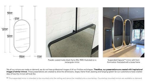 Bespoke Suspended Capsula™ Mirror Minimalist Matte Black Frame 1 Rod Bespoke Front Illumination (970 x 480 x 41mm)