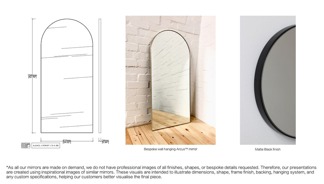 Bespoke Wall Hanging Arcus™ Mirror No Illumination Minimalist Frame Matte Black Finish (RAL 9005) (1340 x 610 x 24mm)