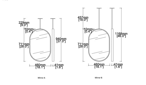 Set of 3 Bespoke Suspended Capsula™ Mirrors Polished Stainless Steel Finish Front Illumination 1 rod (711 x 460 x 41mm)