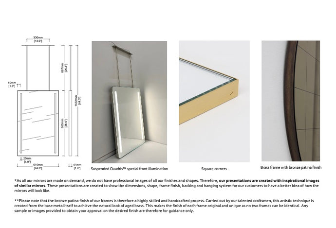 Set of 2 Bespoke Suspended Quadris™ mirrors – Special Front Illumination Brass Frame with Bronze Patina Finish 2 Rods (965 x 610 x 41mm)
