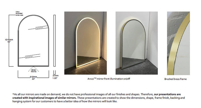 Bespoke Arcus™ Mirror Polished Brass Frame (unlacquered)  Front Illumination On/off Sensor (1016 x 610 x 31mm)
