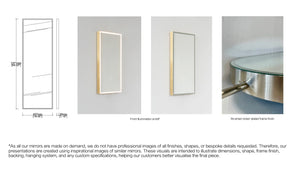 Bespoke wall hanging Quadris™ mirror Front illumination Low iron silver mirror tint Minimalist frame brushed nickel finish (1371 x 457 x 30mm)