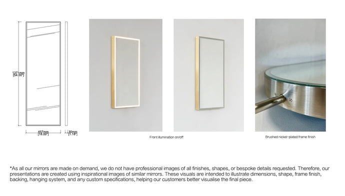Bespoke wall hanging Quadris™ mirror Front illumination Low iron silver mirror tint Minimalist frame brushed nickel finish (1371 x 457 x 30mm)