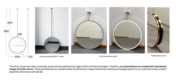 Bespoke Ceiling Suspended Orbis™ Mirror Front Illumination On/off Sensor Switch  Minimalist Frame Polished Brass Finish - Unlacquered Depth 1 Arm (610 x 41mm)