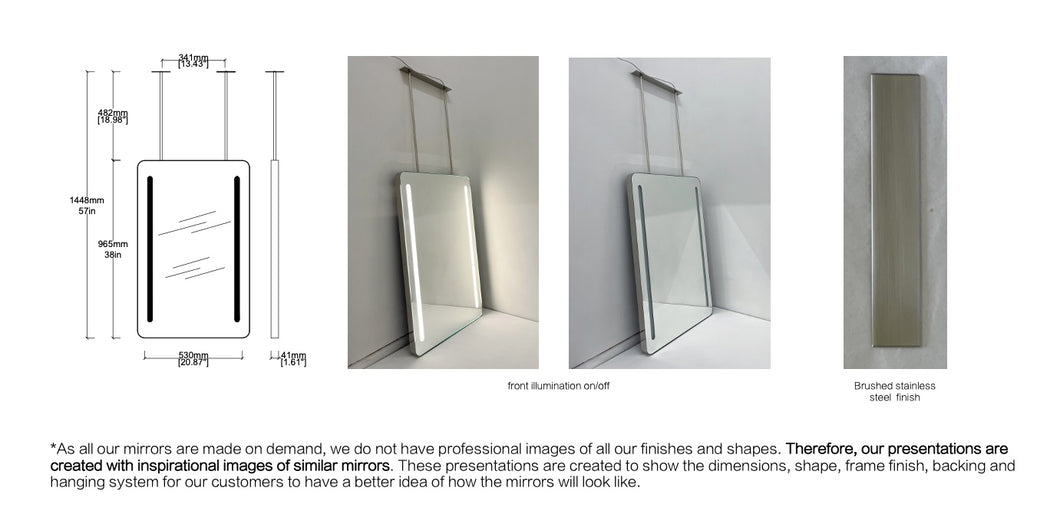 Set of 2 Bespoke Ceiling Suspended Quadris™ Mirror Special Front Illumination- 2 Strips- Minimalist Frame Brushed Stainless Steel Finish 2 Arms (965 x 610 x 41mm)
