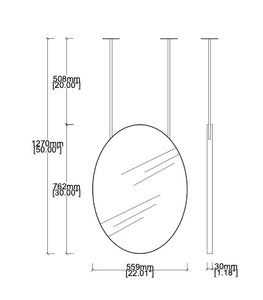 Bespoke Ceiling Suspended Ovalis™ Mirror No Illumination Minimalist Frame Blackened Stainless Steel Finish 2 Arms (762 x 559 x 30mm)