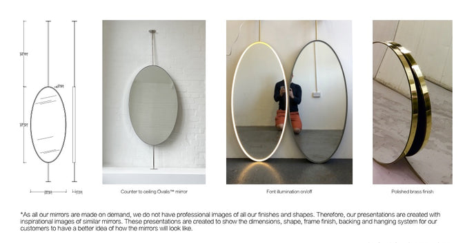 Set of 2 Bespoke Counter to Ceiling Ovalis™ Mirrors Front Illumination Minimalist Frame Polished Brass Finish 1 Arm 1 Leg (1200 x 566 x 41mm)