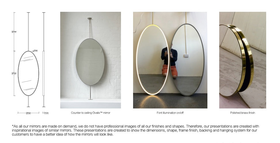 Set of 2 Bespoke Counter to Ceiling Ovalis™ Mirrors Front Illumination Minimalist Frame Polished Brass Finish 1 Arm 1 Leg (1200 x 566 x 41mm)