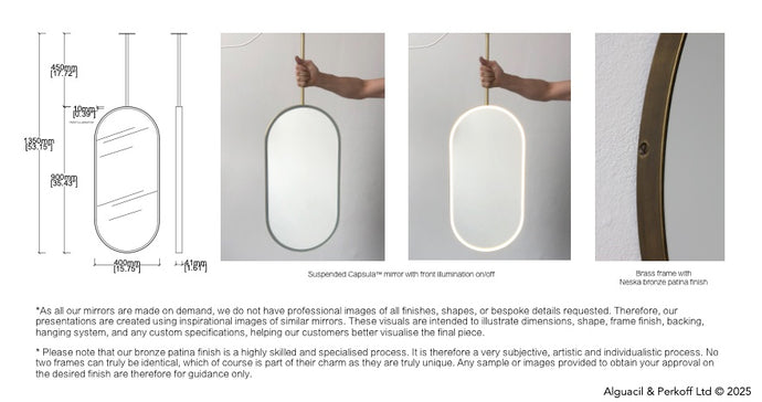 Set of 2 Bespoke Ceiling Suspended Capsula™ Mirrors Front Illumination Minimalist Brass Frame with Neska Bronze Patina Finish 1 Arm (900mm x 400mm x 41)