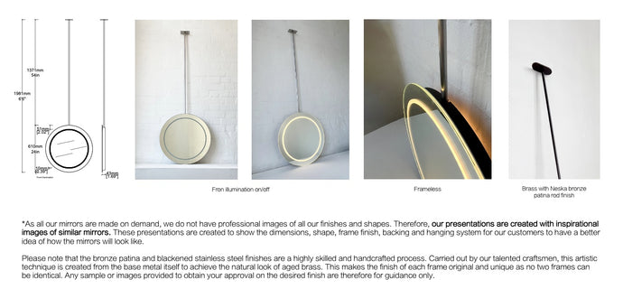 Bespoke Ceiling Suspended Orbis™ Mirror Brass Neska Bronze Patina Finish Offset Front Illumination Frameless 1 Arm (610 x 6 x 43mm)
