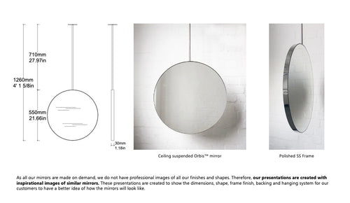 Bespoke Ceiling Suspended Orbis™ Mirror Minimalist Polished Stainless Steel Frame 1 Arm (550x30mm)