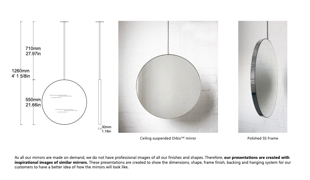 Bespoke Ceiling Suspended Orbis™ Mirror Minimalist Polished Stainless Steel Frame 1 Arm (550x30mm)