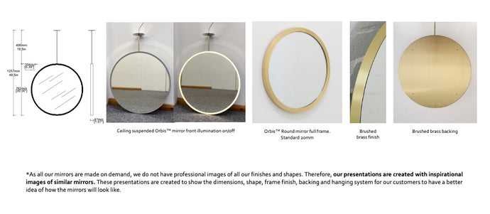 Set of 2 Bespoke Ceiling Suspended Orbis™ Mirror Front Illumination Sensor Switch Full Frame Brushed Brass Finish 1 Arm (762 x 41mm)