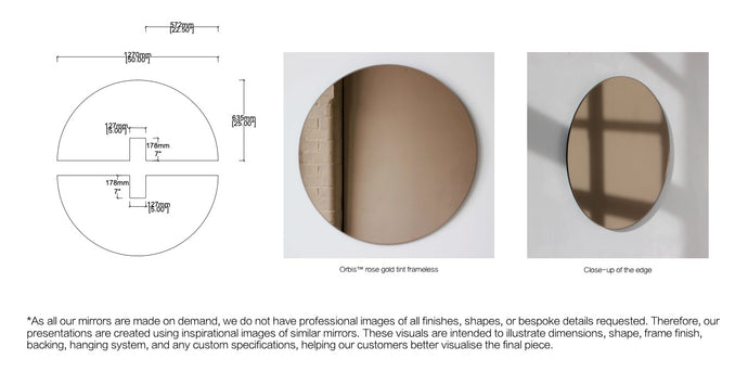 Set of 2 Bespoke Wall hanging Luna™ Mirrors – Half-Moon + Cut Out Bronze Tint Frameless (1270 x 635 x 6 x 15mm)
