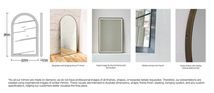 Bespoke Wall Attached Arcus™ mirror Front Illumination- 20mm Sandblasting Dimmable Driver Full Frame Brass with Neska Bronze Patina Finish Depth (990 x 610 x 31mm)