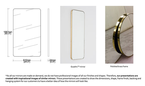 Bespoke Quadris™ Wall Hanging Mirror Polished Brass Frame Round Corners (1067 x 610 x 24mm)