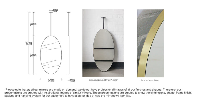Set of 2 Bespoke Ceiling Suspended Ovalis™ Mirrors No Illumination Minimalist Frame Brushed Brass Finish 1 Arm (914 x 508 x 30mm)