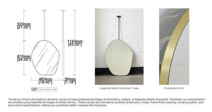 Bespoke Ceiling Suspended Roca™ Mirror No Illumination Minimalist Frame Brushed Brass Finish 1 Arm (610 x 482 x 30mm)