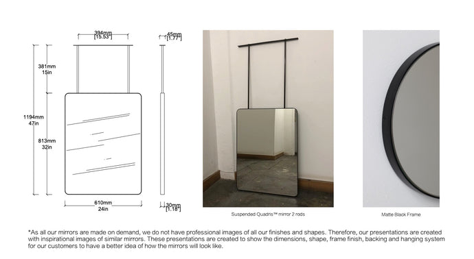 Set of 2 Bespoke Ceiling Suspended Quadris™ Mirrors No Illumination Minimalist Frame Matte Black Finish (813 x 610 x 30mm)