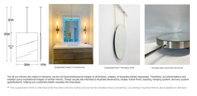 Set of 2 Bespoke Ceiling Suspended Quadris™ Mirrors Square Corners Frameless 1 Arm – Brushed Nickel-Plated Finish (991 x 762 x 6 x 31mm)