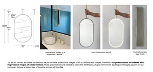 Set of 2 Bespoke Ceiling Suspended Capsula™ Mirrors Front Illumination Minimalist Frame Brushed Stainless Steel Frame Finish and Cacking 1 Arm (965 x 610 x 41mm)
