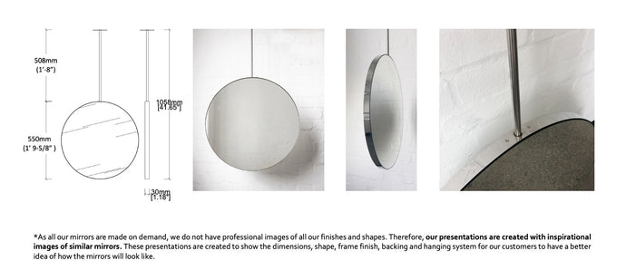 Bespoke Ceiling Suspended Orbis™ Mirror Minimalist Frame Polished Stainless Steel Finish 1 Arm (550 x 30mm)