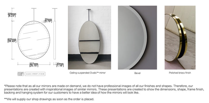 Bespoke Ceiling Suspended Ovalis™ Mirror No Illumination Bevelled Minimalist Frame Polished Brass finish 1 Arm (622 x 527 x 30mm)