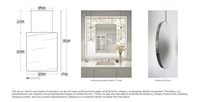 Bespoke Ceiling Suspended Quadris™ Mirror Round Corners No Illumination Minimalist Frame Polished Stainless Steel Finish 2 Arms (1270 x 1016 x 30mm)