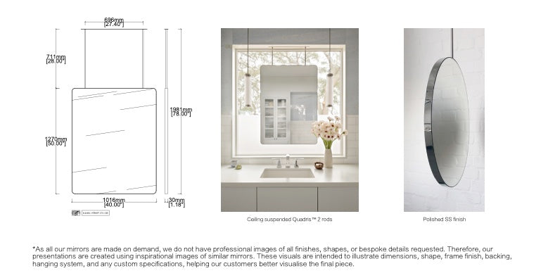 Bespoke Ceiling Suspended Quadris™ Mirror Round Corners No Illumination Minimalist Frame Polished Stainless Steel Finish 2 Arms (1270 x 1016 x 30mm)