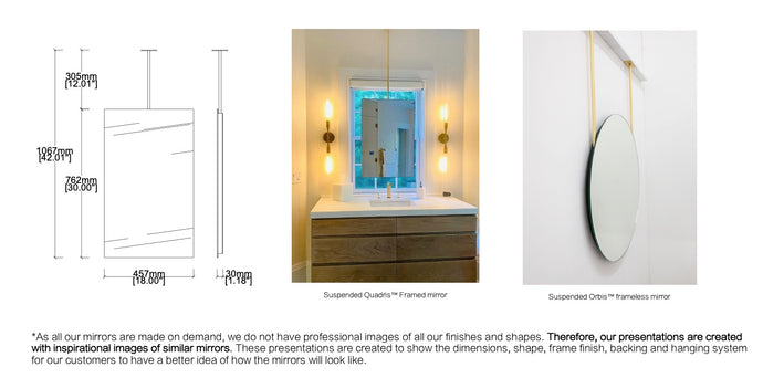 Bespoke Ceiling suspended Quadris™ Mirror Square Corners No Illumination Frameless 1 Arm (762 x 457 x 6 x 31mm)