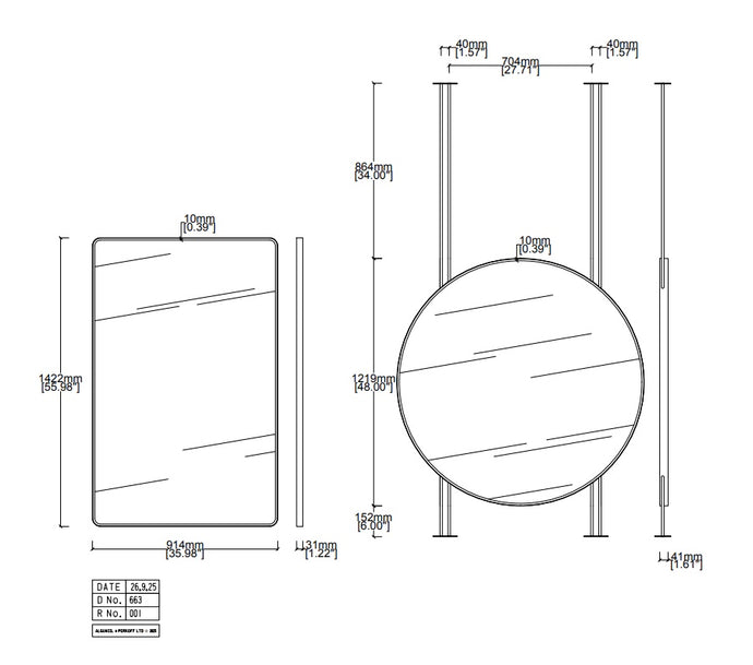 Set of 3 Bespoke Mirrors: 2 x Wall Hanging Quadris™ and 1 x Countertop to Ceiling Orbis™