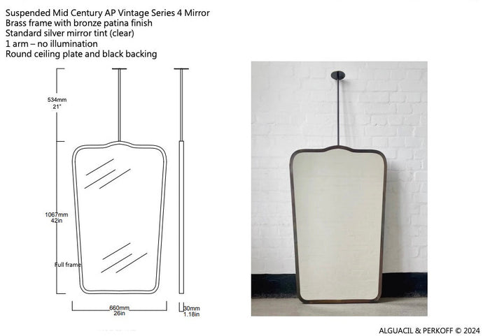Bespoke Suspended Mid Century AP Vintage Mirror Series 4 Brass Frame with Bronze Patina Finish 1 Rod (1067 x 660 x 30mm)