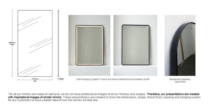 Bespoke Wall Hanging Quadris™ Mirror Front Illumination Dimmable Driver Full Frame Mitred Blackened Stainless Steel Finish (2642 x 1372 x 31mm)