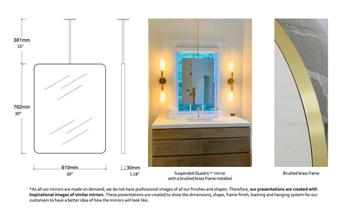Bespoke Suspended Quadris™ Mirror Brushed Brass Frame 1 Rod Double-Sided (762 x 610 x 30mm)