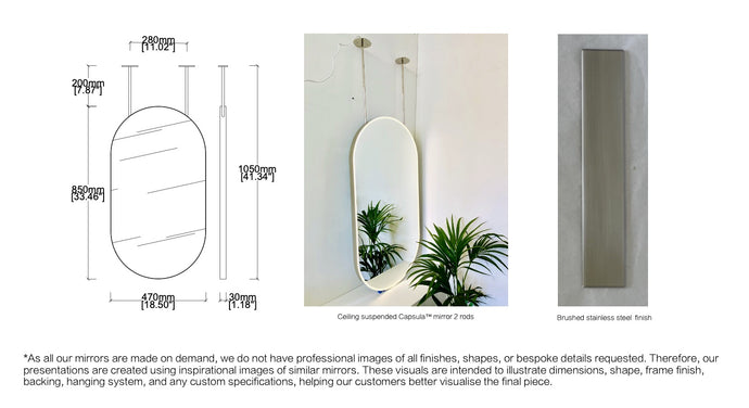 Bespoke Ceiling Suspended Capsula™ Mirror No Illumination Minimalist Frame Brushed Stainless Steel Finish Double Side – No Screws 2 Arms (850 x 470 x 30mm)