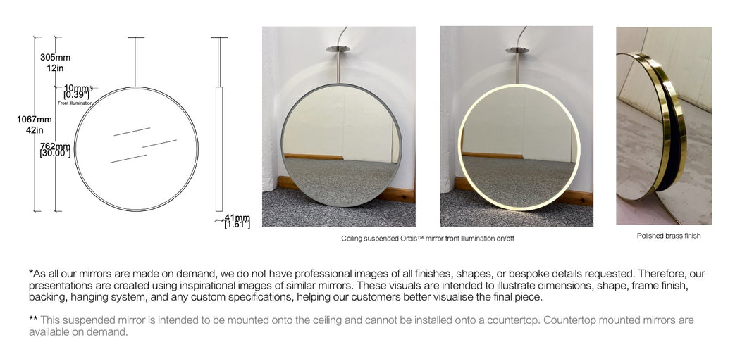 Bespoke Ceiling Suspended Orbis™ Mirror Front Illumination Minimalist Frame Polished Brass Finish 1 Arm (762 x 41mm)