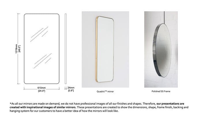 Set of 2 Bespoke Quadris™ Wall Hanging Mirrors Polished Stainless Steel Finish Round Corners (1219 x 610 x 24mm)