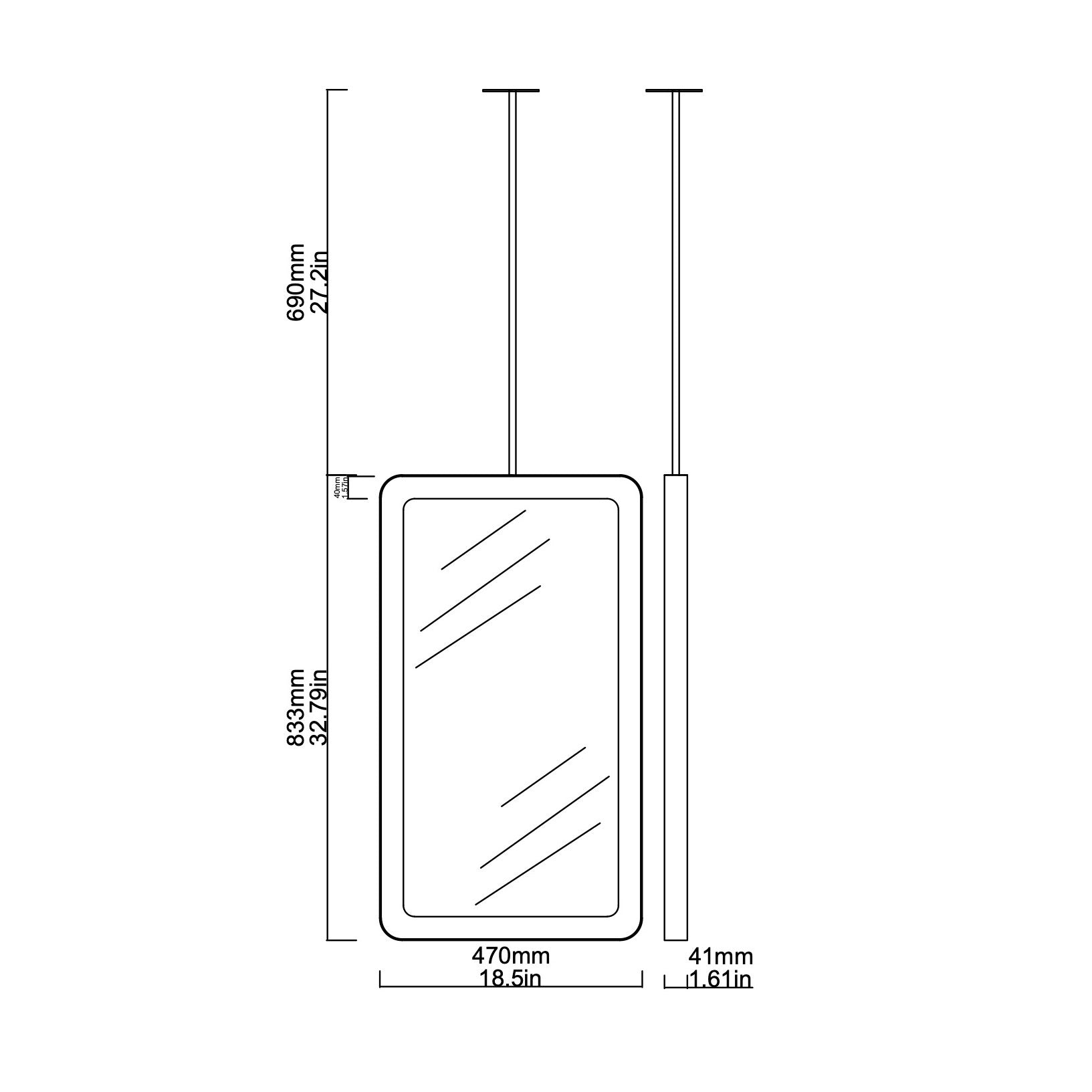 Illuminated Ceiling Suspended Rectangular Mirror with Brass Frame ...