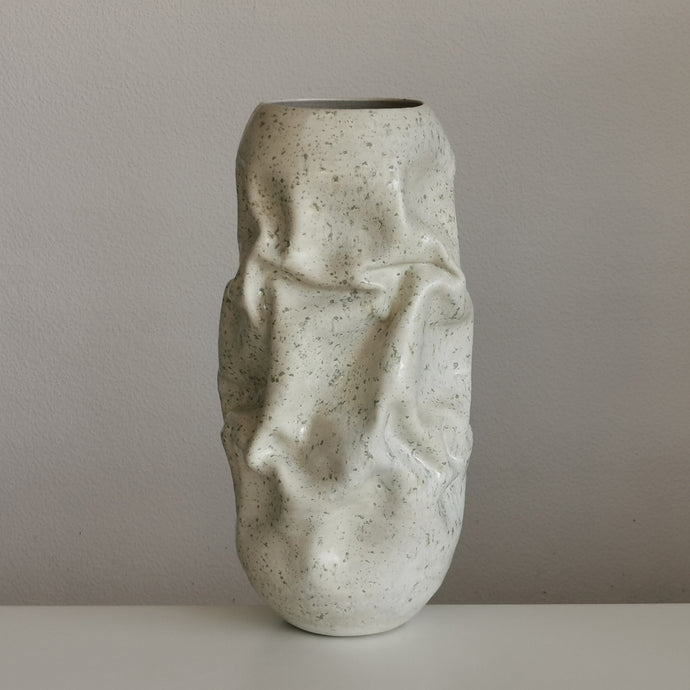 Medium Tall White Crumpled Form with Green Crystals, Vessel N.128, Interior Sculpture, Objet D'Art